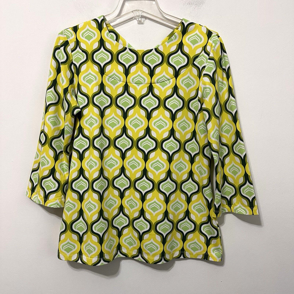 J McLaughlin Catalina Cloth Geometric Green Yellow Top M Mod 3/4‎ Sleeve V Back